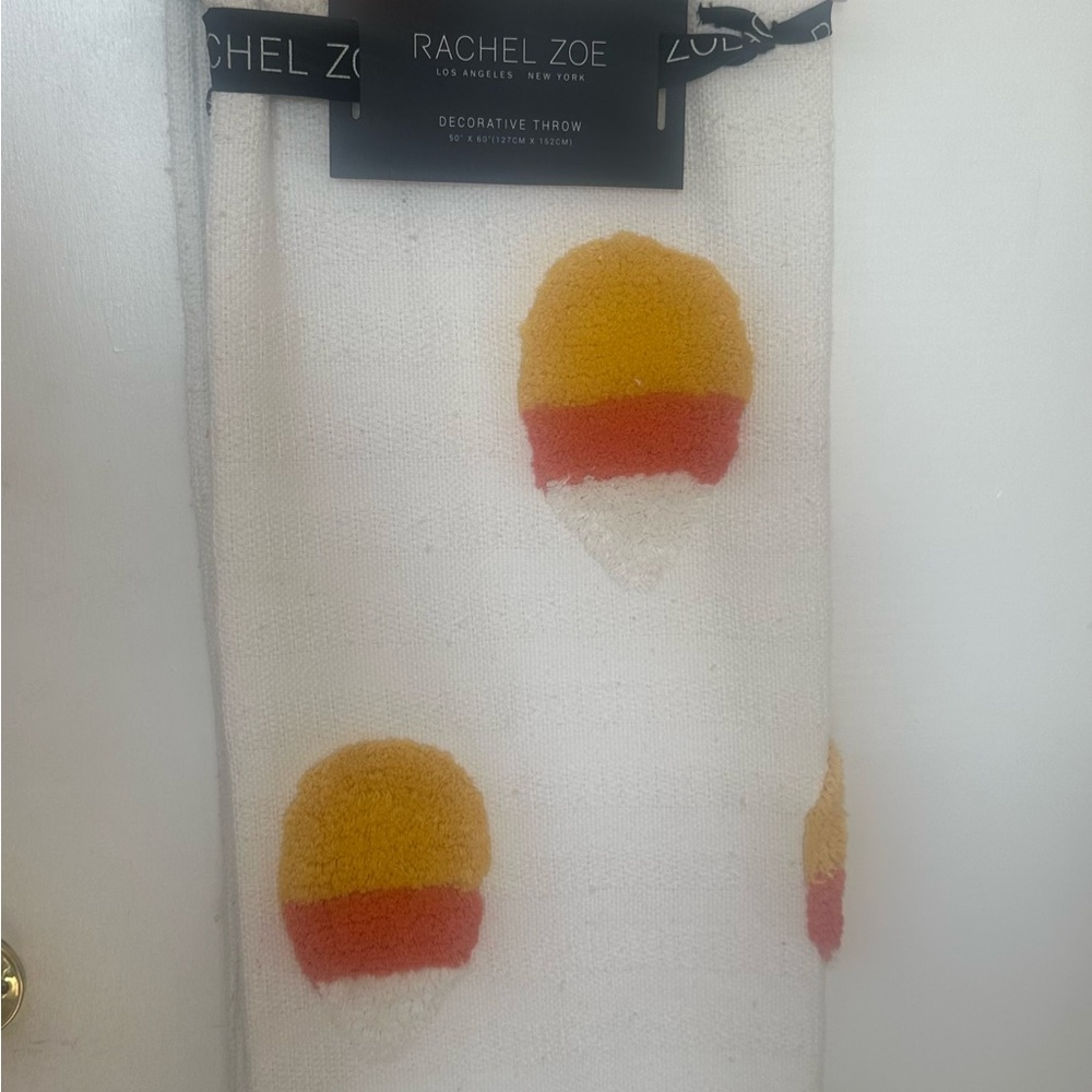 Rachel Zoe Throw Blanket 50 x 60 Off White W/ Tri Color Candy Corn Brand New
